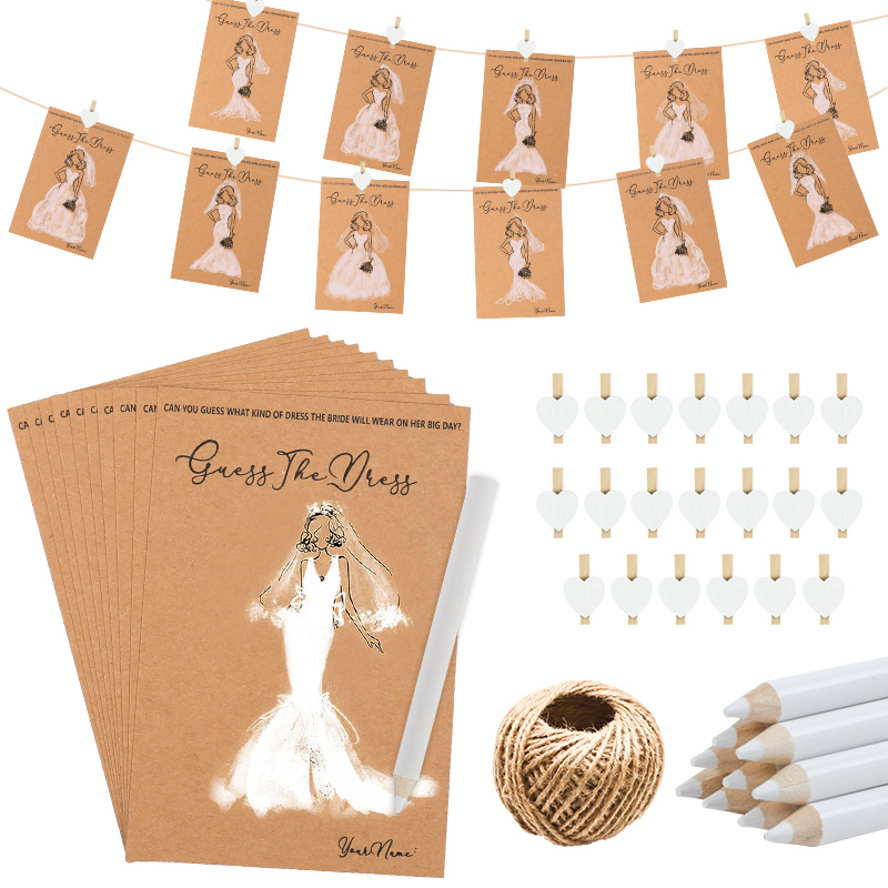 Party Games Bridal Shower - 10/20 セット推測ウェディングドレスゲームカードペン付きハートクリップブライダルシャワーゲームゲストのための結婚式婚約パーティーの装飾