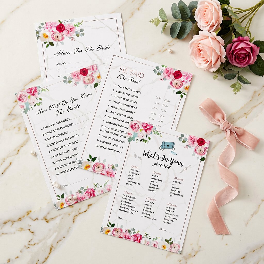 Party Games Bridal Shower - ブライダルシャワーゲームカードセット、4つのインタラクティブなウェディングゲーム、花に関する花嫁へのアドバイスクイズカード、婚約パーティーテーブルデコレーション